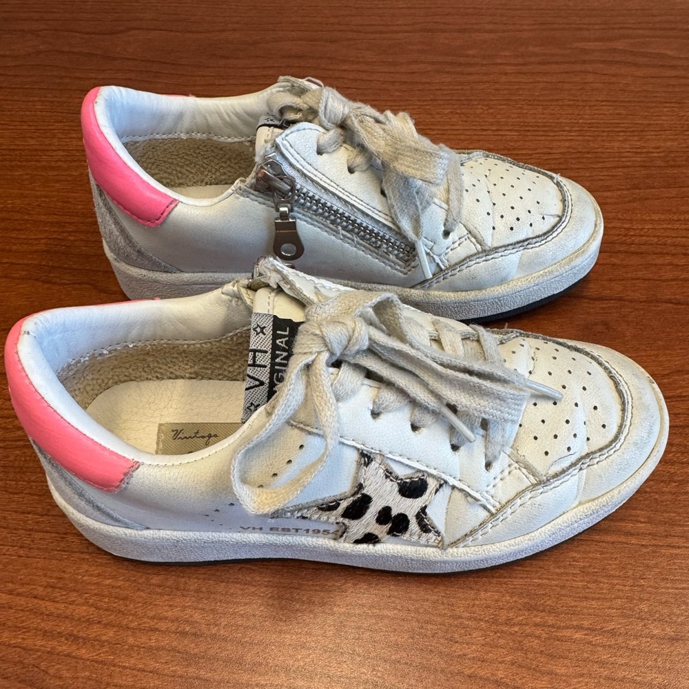 Vintage Havana White Sneakers with Pink Heel and Leopard Star Girls 13
